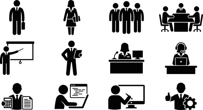Set of black business and office worker icons on white background.