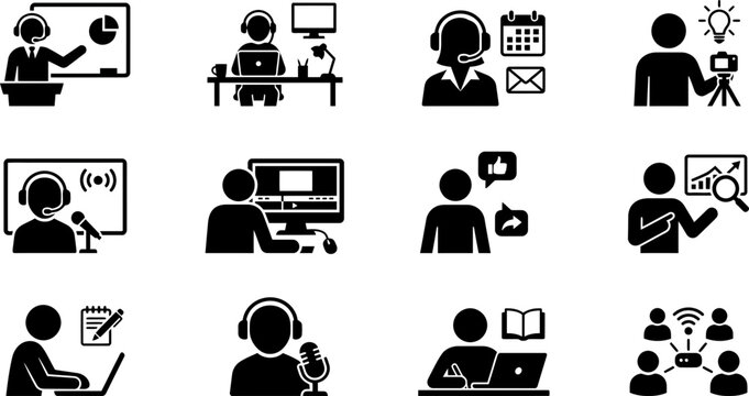 Set of digital communication and remote work icons.