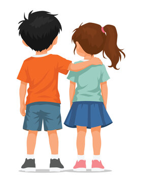 Back view of two children best friend standing close to each other