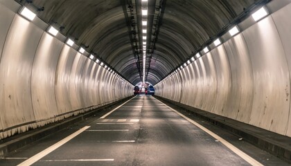 Fototapeta premium Perspective view through a curved concrete road tunnel with lights.
