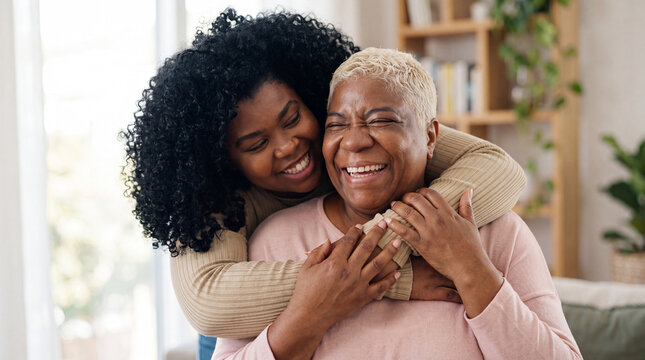A heartwarming moment between an adult daughter and her smiling senior mother as they share a loving embrace in their cozy home living room.