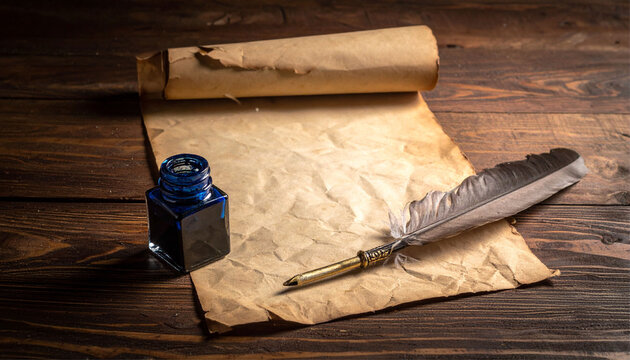 Classic medieval writing setup with empty parchment, feather pen and inkwell on rustic wooden table