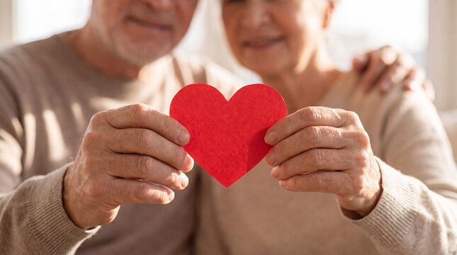 A loving senior couple holding a red paper heart in their hands, representing lifelong love, affection, and care in their golden years.