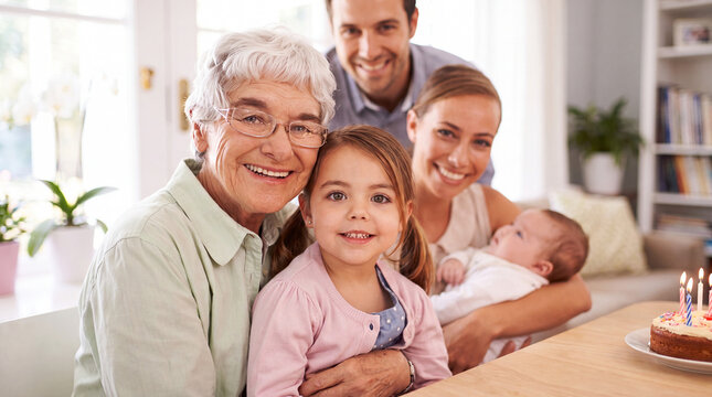 A happy multi-generational family, including a grandmother, parents, and children, smiles together while celebrating a birthday with a cake at home.