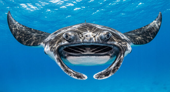 Humorous and majestic front view of giant Manta Ray 'smiling' towards the camera in blue ocean