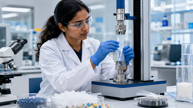 Female Scientist Using Lab Testing Equipment | Researcher Analyzing Samples in Modern Laboratory | Quality Control Experiment With Precision Instrument