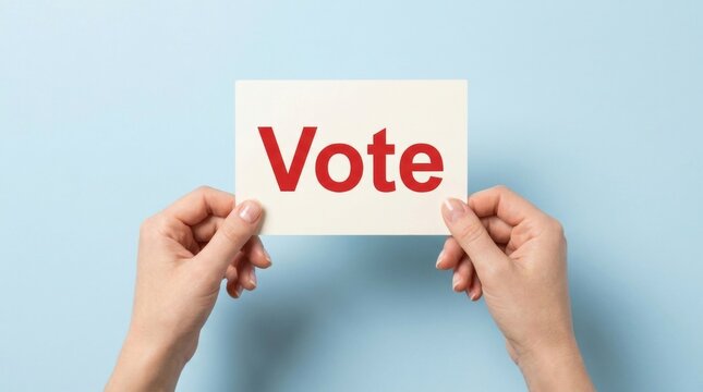 Female hands holding white card with red vote text against light blue background with voting text participation communication
