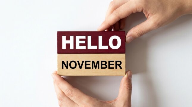 Hands holding wooden blocks with text hello november concept for new month with november white background date blocks reading