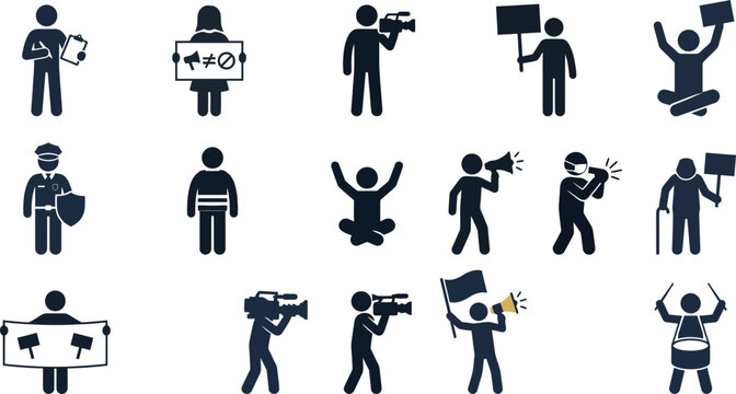 Set of stick figure icons representing various protest and demonstration activities.