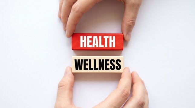 Hands arranging wooden blocks with health and wellness text on white surface with positioning wooden white background conceptual
