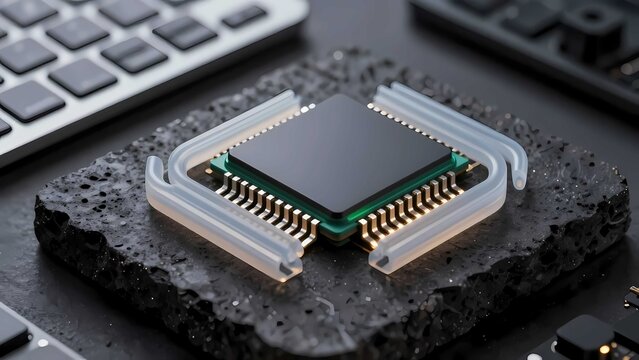 Futuristic microchip processor hardware with green glowing light on stone