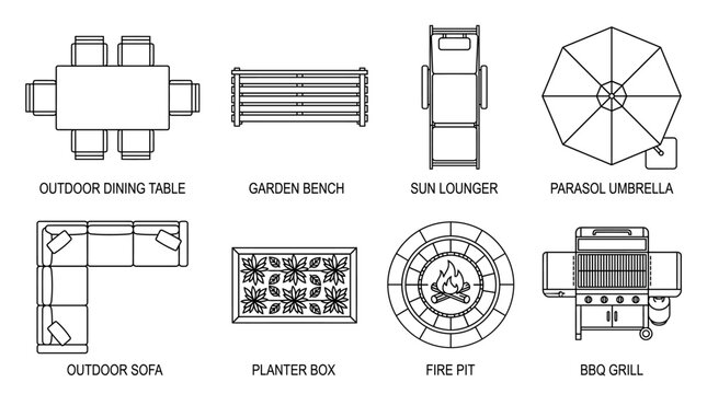 Set of top view outdoor furniture and garden equipment icons for architectural floor plans.