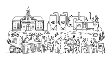 Obraz premium Local Brewery Scene: People Enjoying Craft Beer at Bar and Tables, Brewing Equipment and Building