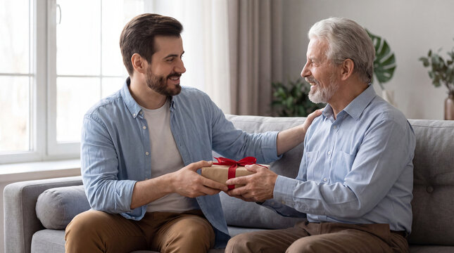 A smiling adult son gives a gift to his happy senior father, expressing love and appreciation while sitting together on a comfortable sofa in their cozy home.