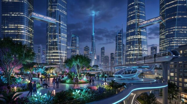 Futuristic cityscape with skyscrapers flying vehicles and neon lit park at night