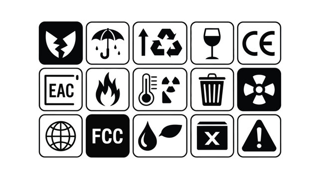 Packaging logistics icon set containing fragile glass recycling fragile warning flammable CE FCC EAC and cargo shipping handle with care symbols.
