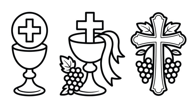Black line art vector illustration of Christian communion chalice, holy host wafer, ornate cross, and grapes for baptism or Easter.
