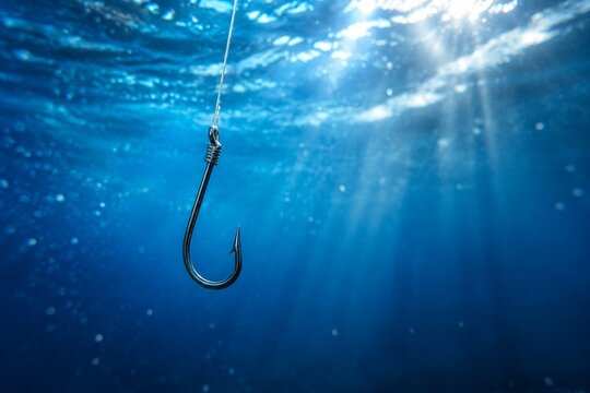 Fishing hook submerged in water, aquatic close-up with light refraction.