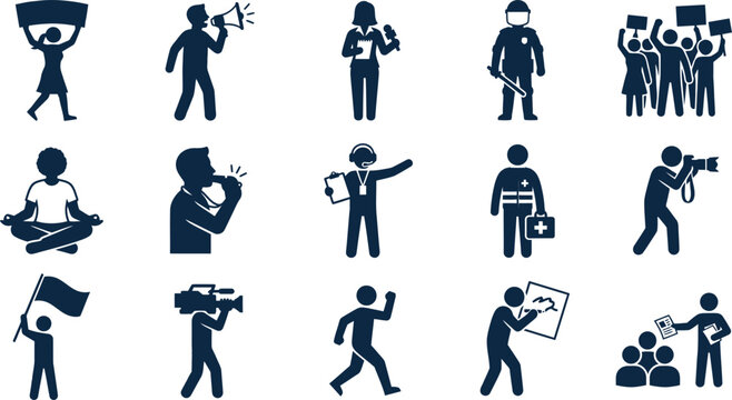 Set of protest and social demonstration icons in silhouette style.