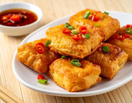 Crispy fried stuffed tofu or tahu goreng garnished with sliced red chili peppers and green onions, served with spicy dipping sauce