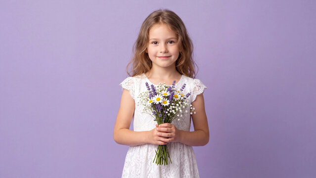 Girl wearing a white dress holds a bouquet of wildflowers while standing against a soft purple wall in a studio environment.