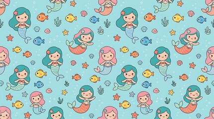 Cute mermaid seamless pattern with colorful fish and sea life on blue