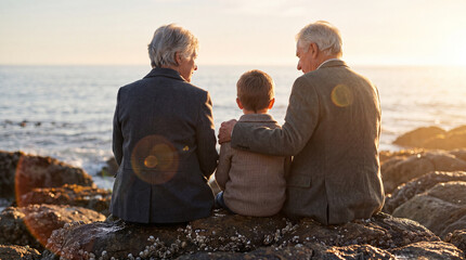 Fototapeta premium Rear view of grandparents sitting with their young grandson on rocky seashore at sunset, enjoying quality family time together by the ocean.