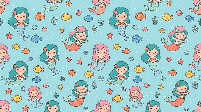 Cute mermaid seamless pattern with colorful fish and sea life on blue