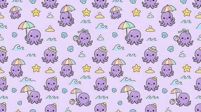 Cute purple octopus seamless pattern with beach elements and umbrellas