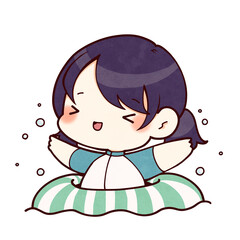 浮き輪で水遊びをするラッシュガードの女の子のイラスト © 松蔵 八文字