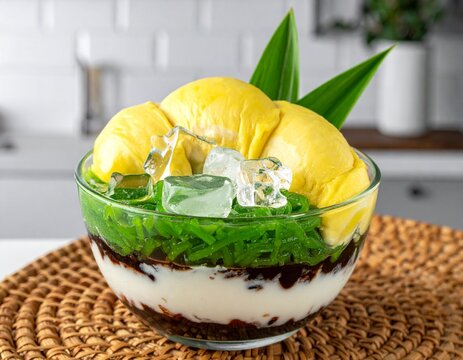 Indonesian traditional iced dessert es cendol or dawet with green rice flour jelly, coconut milk, palm sugar, and fresh durian fruit pulp