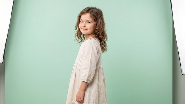 Girl with curly hair smiles while wearing a simple beige dress against a soft mint green background in a professional studio portrait session.