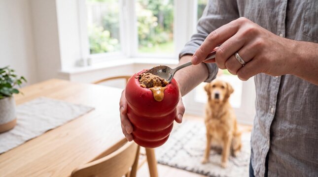 Owner stuffing a red rubber enrichment toy with food for a golden retriever.