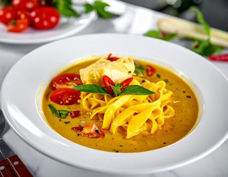 Delicious yellow curry noodle soup or laksa with shredded chicken, cherry tomatoes, and fresh basil leaves in a white bowl