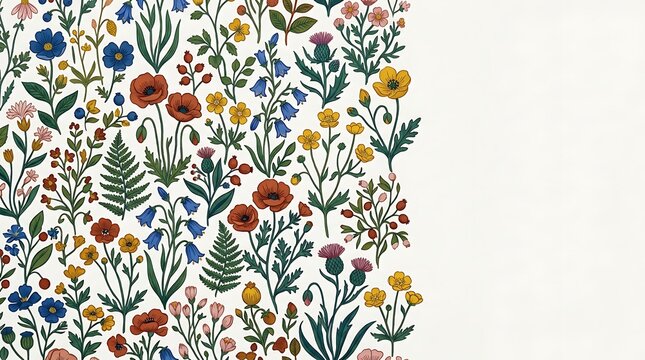 Vintage wildflower botanical illustration border with copy space