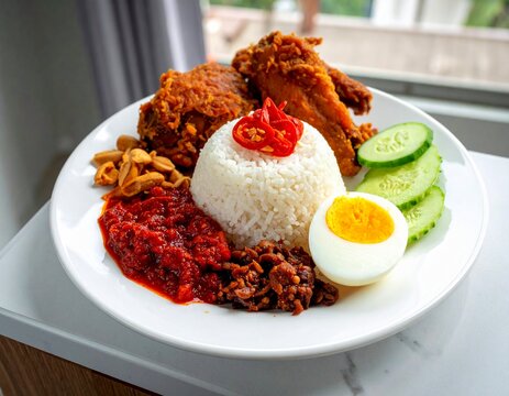 Traditional Nasi Lemak dish featuring fragrant coconut rice, crispy fried chicken pieces, hard-boiled egg, peanuts, anchovies, and spicy red sambal on a white ceramic plate