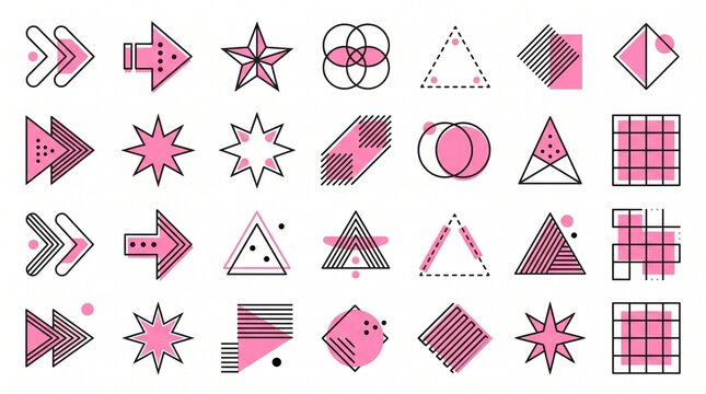 Abstract geometric icon grid, arrows stars triangles circles diamonds squares, patterned tessellation, minimalist representation, modern design inspiration.