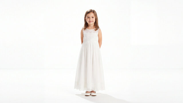 Girl standing in a white dress poses calmly for the camera against a bright studio backdrop while looking directly at the viewer with a gentle smile in this simple and classic portrait session.