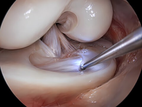 Arthroscopy surgery procedure inside human knee joint close up view