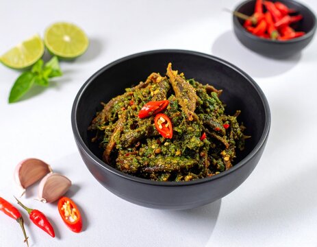 Indonesian Sambal Ijo Ikan Bilis, crispy dried anchovies coated in spicy green chili paste