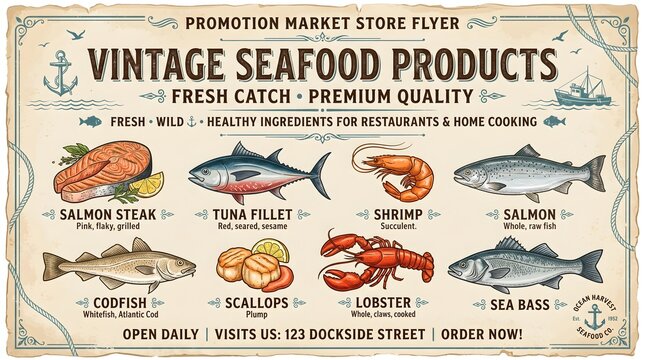 Retro hand drawn fish and seafood illustration poster