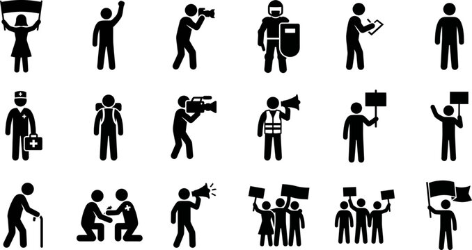 Set of protest and demonstration black silhouette icons depicting various activists and participants.