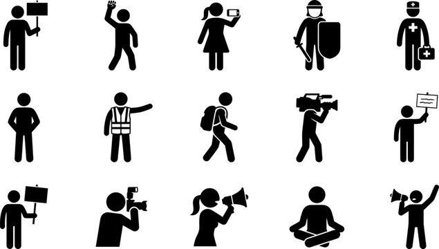 Collection of human stick figure icons representing various protest and public activity roles.