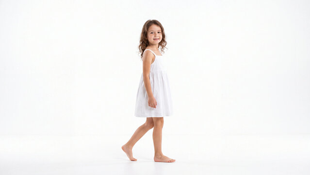 Girl walks barefoot in a simple white dress across a bright studio floor while looking towards the camera with a gentle and happy facial expression.