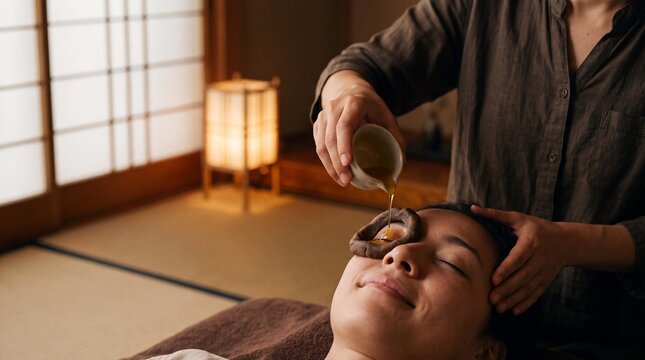 Woman receiving Ayurvedic Netra Basti eye treatment with warm ghee at a spa.