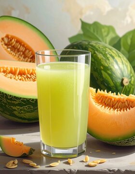 Fresh melon Juice Glass With melon Rich Fruit Background