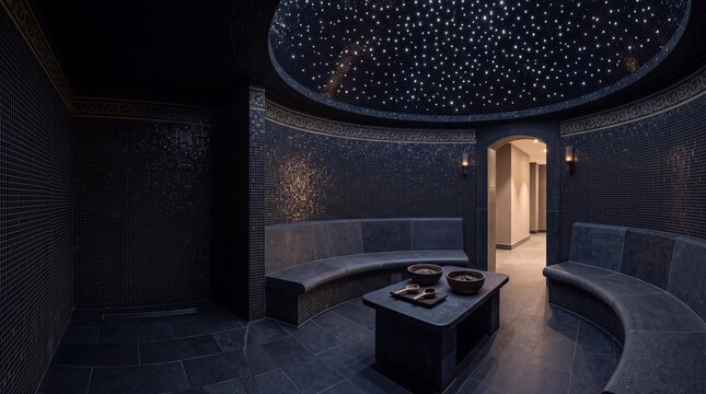 Luxury Rasul chamber with starlit dome ceiling in a wellness spa interior.