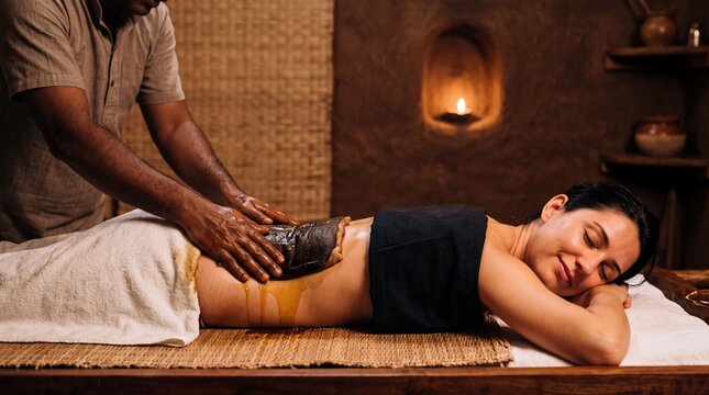 Ayurvedic Pichu oil pad treatment on a woman's lower back at a wellness spa
