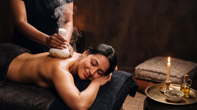 Relaxed woman receiving Ayurvedic Pinda Sweda herbal bolus massage at a spa.
