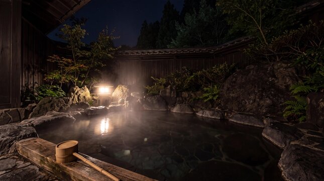 Traditional Japanese outdoor onsen hot spring with steaming water at night